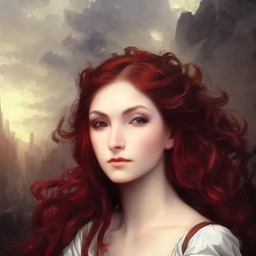 Image similar to 3/4 headshot of female, D&D, cute, fantasy, intricate, long hair, airship, steampunk, red hair, elegant, highly detailed, digital painting, artstation, concept art, smooth, sharp focus, detailed oil painting by Bouguereau