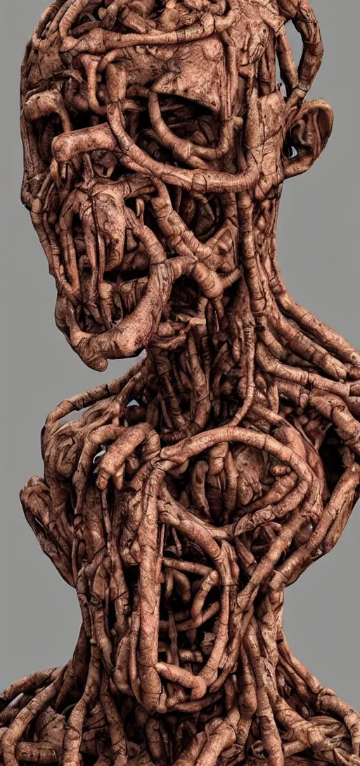 Prompt: hyperealistic sculpture of a human with rusty pipes extruding from the body, body horror, human bodies, scary, human faces, disturbing,