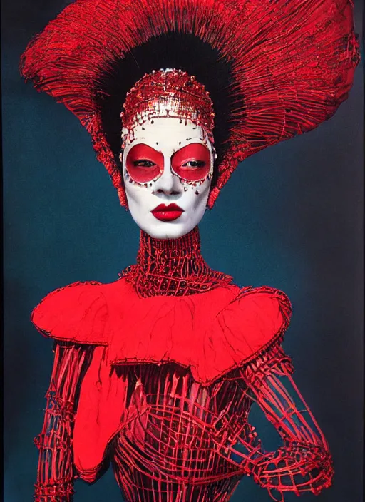 Prompt: an 8 0 s portrait of a woman with dark eye - shadow and red lips with dark slicked back hair, a high fashion mask made of wire and beads, dreaming acid - fueled hallucinations, psychedelic by serge lutens, rolf armstrong, delphin enjolras, peter elson, red cloth background, frilled blooming collar, alexander mcqueen