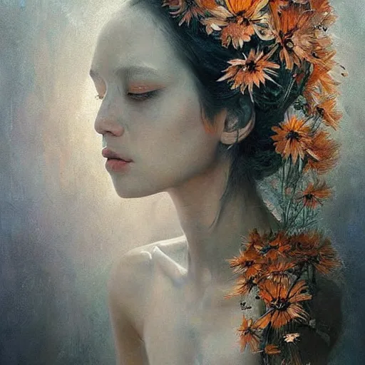 Image similar to The painting is a beautiful and haunting work of art of a series of images that capture the delicate beauty of a flower in the process of dying. The colors are muted and the overall effect is one of great sadness. clockpunk by Karol Bak, by Goro Fujita Trending on artstation