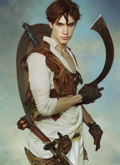 Prompt: a young man with wide, intense eyes. he is bald and clean shaven, dressed entirely in white and holding a huge sword. painting by artgerm and greg rutkowski and alphonse mucha