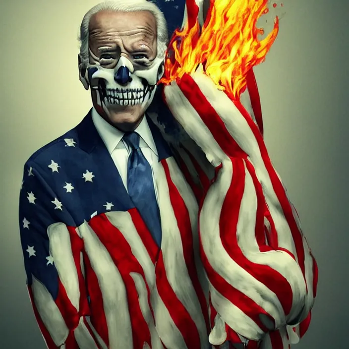 Image similar to PATRIOTIC portrait of joe biden as skeleton. burning distortions. intricate abstract. intricate artwork. by Tooth Wu, wlop, beeple, dan mumford. octane render, trending on artstation, greg rutkowski very coherent symmetrical artwork. cinematic, hyper realism, high detail, octane render, 8k, AMERICAN accents