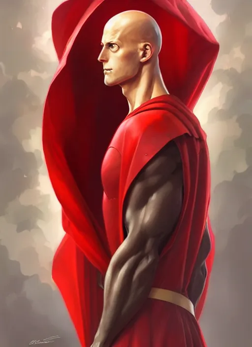 Prompt: ultra realistic illustration, handsome saitama. red cape, intricate, elegant, highly detailed, digital painting, artstation, concept art, smooth, sharp focus, illustration, art by artgerm and greg rutkowski and alphonse mucha and wlop