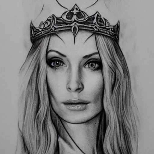 Prompt: tattoo sketch of very beautiful galadriel wearing a crown and arrowhead earrings, hyper - realistic, beautiful piercing eyes, small and sharp pupils, sexy look, beautiful blonde hair, in the style of matteo pasqualin, amazing detail, fantasy, elegant, smooth, sharp,