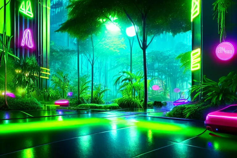 Image similar to neon rainforest, detailed render, hyperrealistic, cgsociety, artstation, 4k