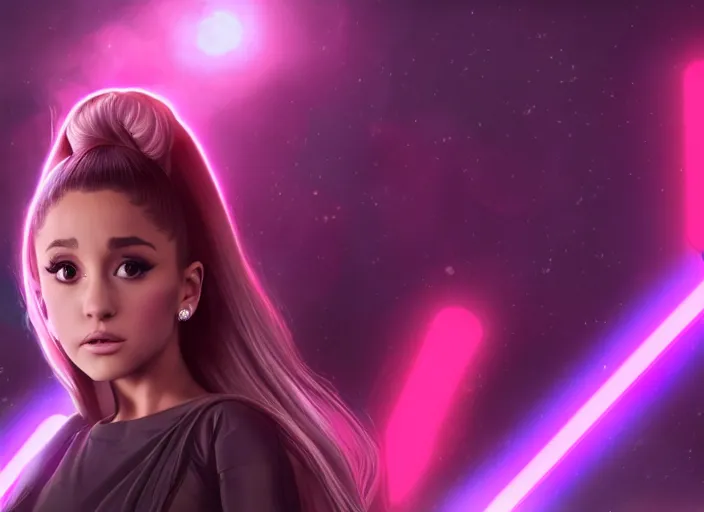 Prompt: An extremely detailed photo of Ariana Grande in the Star Wars universe witha pink lightsaber held in one hand Maximum detail on artstation, photo realism, vivd details, vivd colour, volumetric lighting. anime art style