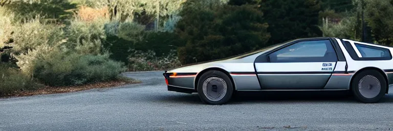 Image similar to a single delorean and tesla roadster hybrid, dslr