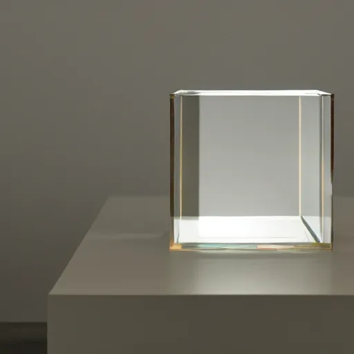 Image similar to an ultra high definition professional studio quality photograph of a transparent perspex cube shaped pastel coloured ashtray on a white plinth in an empty white room. dramatic lighting, ray tracing, refraction, shallow d. o. f, colour corrected, golden ratio, three point light.