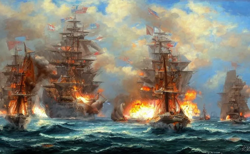 Image similar to Epic naval battle. By Konstantin Razumov, highly detailded