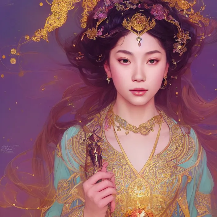 Image similar to asian princess with sparkling eyes, full body portrait, highly detailed, gold filigree, fantasy, soft cinematic lighting, award, disney concept art, watercolor illustration by mandy jurgens and alphonse mucha and alena aenami, pastel color palette, featured on artstation