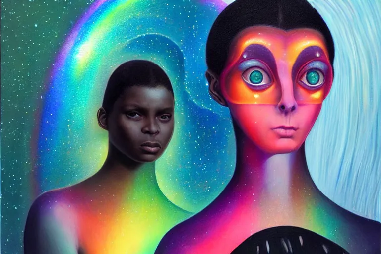 Image similar to patron saint of 🛸🌈👩🏾, futuristic iridescent clothing, wormhole, nebula, black hole, multiverse, neon god of city character portrait, in the style of margaret keane, moebius, tom bagshaw, and waterhouse, cinematic lighting, beautiful, elegant, oil painting,