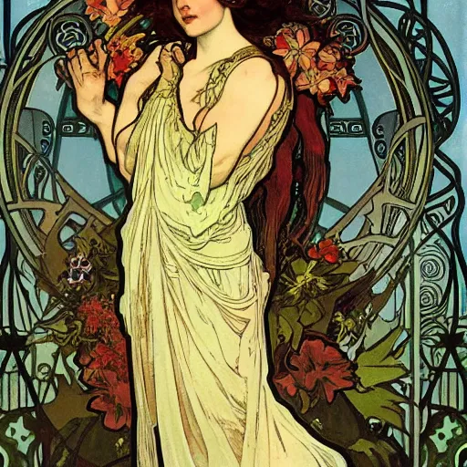 Prompt: persephone as goddess of the underworld and flowers, painted by alphonse mucha