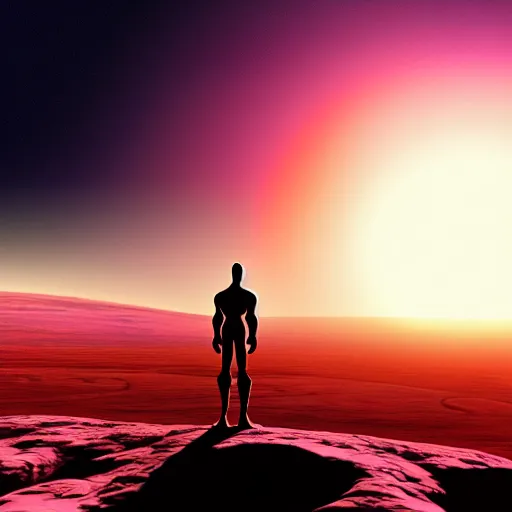 Prompt: Contemporary digital art Highly detailed Dr.Manhattan character from Watchmen watching on a beautiful sunrise on mars. Volumetric light
