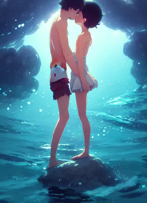 Image similar to boy and girl kiss underwater. illustration concept art anime key visual trending pixiv fanbox by wlop and greg rutkowski and makoto shinkai and studio ghibli