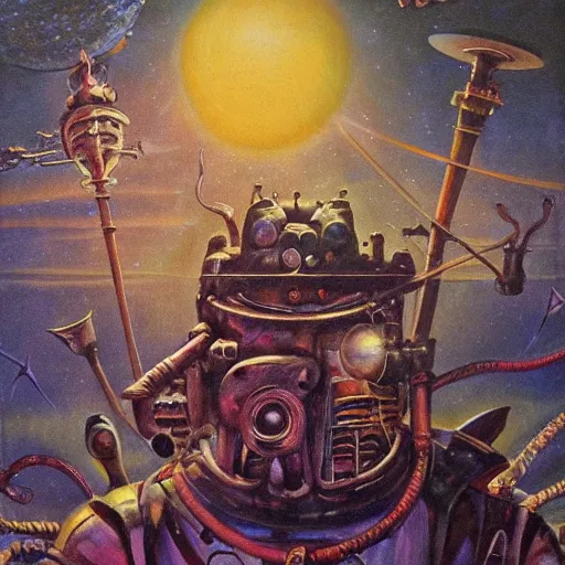 Image similar to the dirdir, jack vance, planet of adventure, mike mignogna, highly detailed, vintage dark sci fi, oil painting