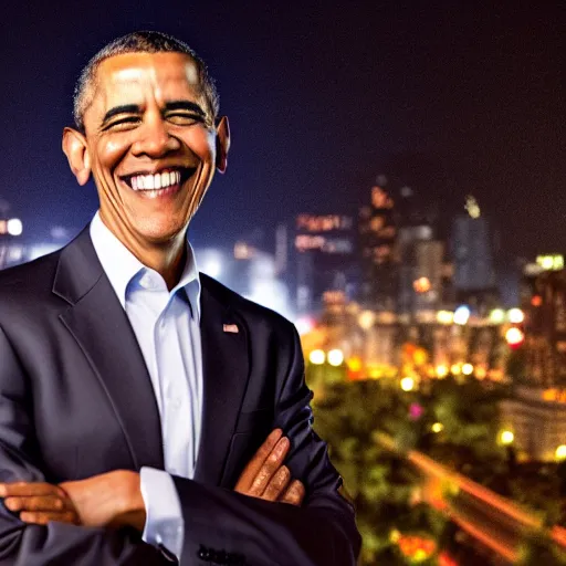 Image similar to a still of Barak Obama. Shallow depth of field. City at night in background, lights, colors ,studio lighting, mood, 4K. Profession photography