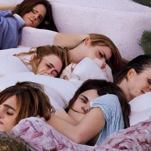 Image similar to emma watson and her friends sleeping in a bunch of cozy beds