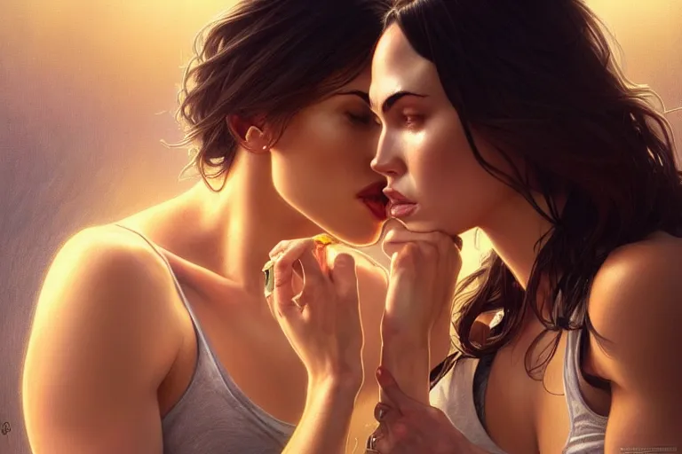 Image similar to portrait of megan fox kissing a blonde woman, muscular upper body intricate, headshot, highly detailed, digital painting, artstation, concept art, sharp focus, cinematic lighting, illustration, art by artgerm and greg rutkowski, alphonse mucha, cgsociety