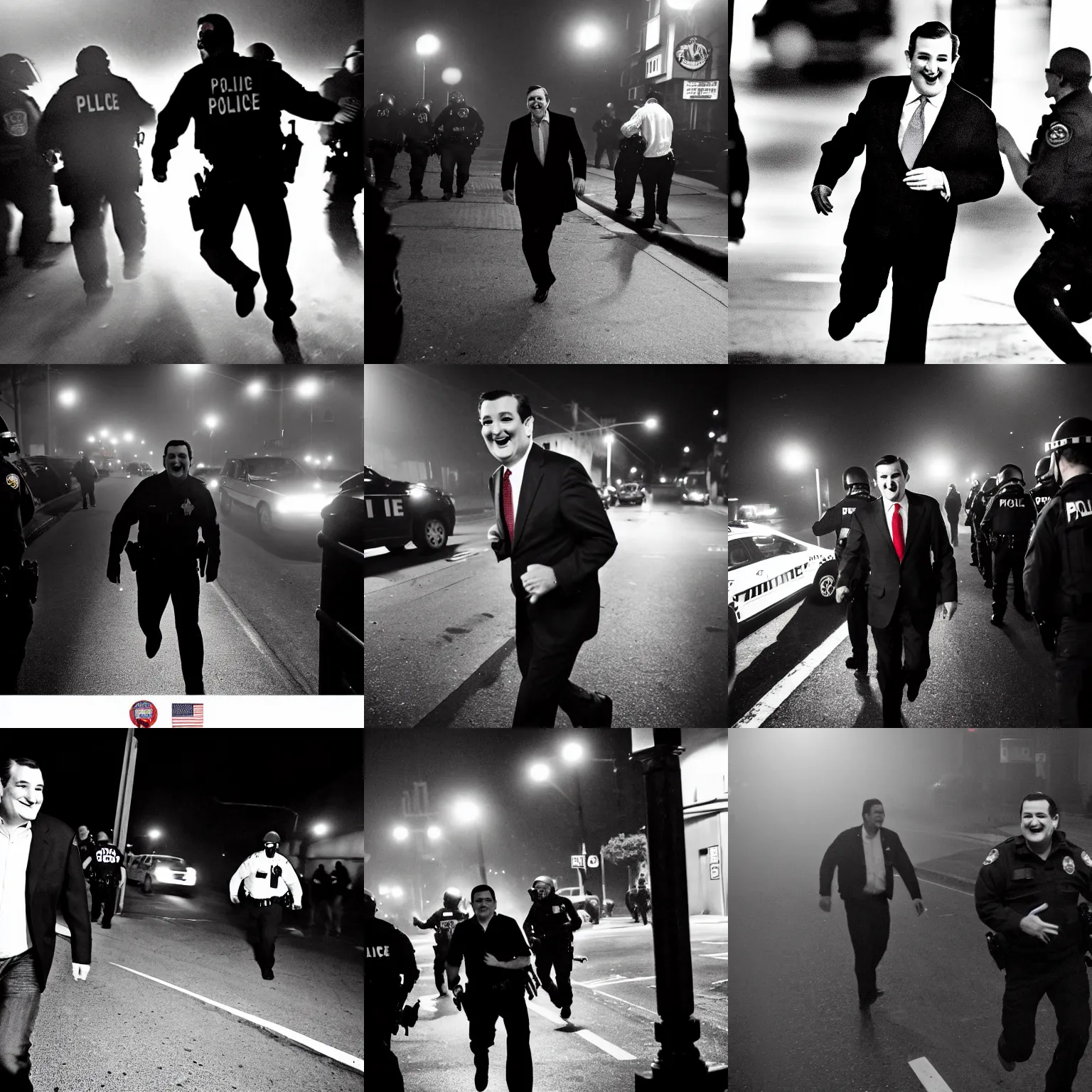 Prompt: Ted Cruz with a wide grin being chased down by multiple police officers at night in San Francisco black and white, creepy lighting, foggy atmosphere, scary, horror, ornate, eerie, fear