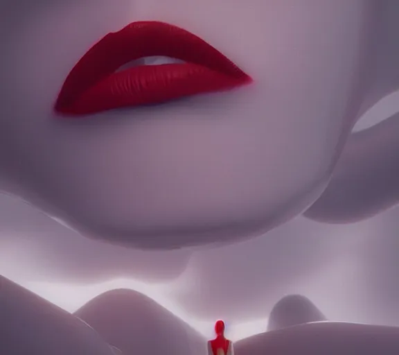 Prompt: surreal white wall full of red lips, futuristic, foggy sky, dark night, octane render, unreal engine, pale colors, high detail, 8 k, wide angle, trending on artstation, behance