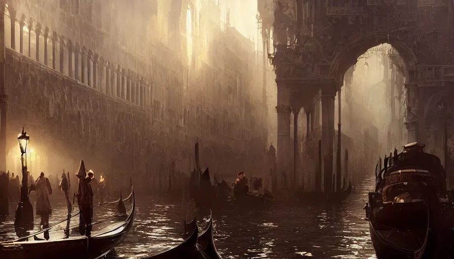 Prompt: Venice turned to a Dieselpunk city, steam, dieselpunk gondola, oil petroleum rivers, epic composition, intricate, elegant, volumetric lighting, digital painting, highly detailed, artstation, sharp focus, illustration, concept art, ruan jia, steve mccurry