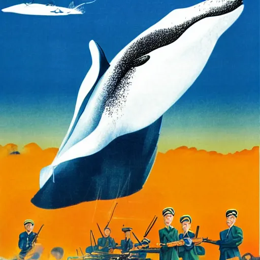 Prompt: north Korean propaganda poster of a whale