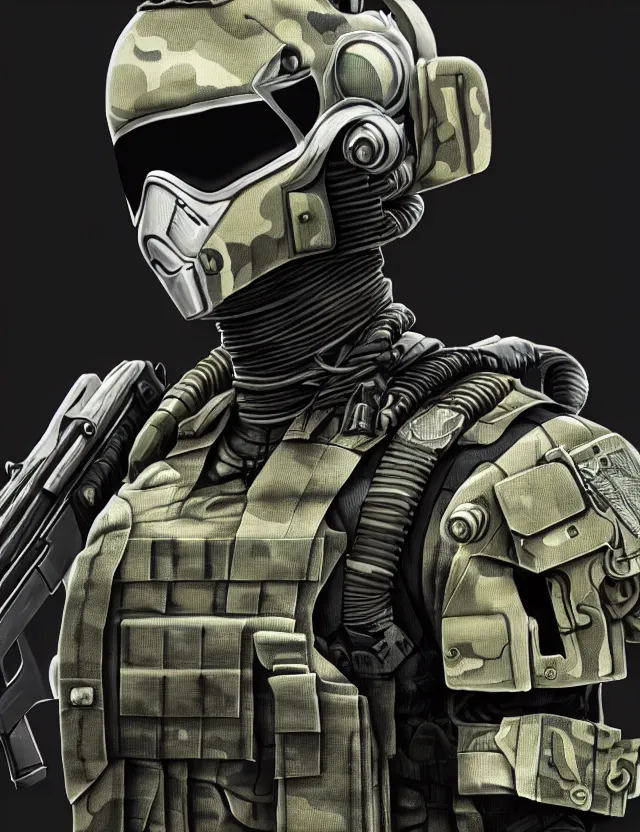 Prompt: a detailed manga portrait of a masked special forces soldier wearing cyborg tactical gear and armed with a camo assault rifle, trending on artstation, digital art, 4 k resolution, detailed, high quality, sharp focus, hq artwork, coherent, insane detail, character portrait