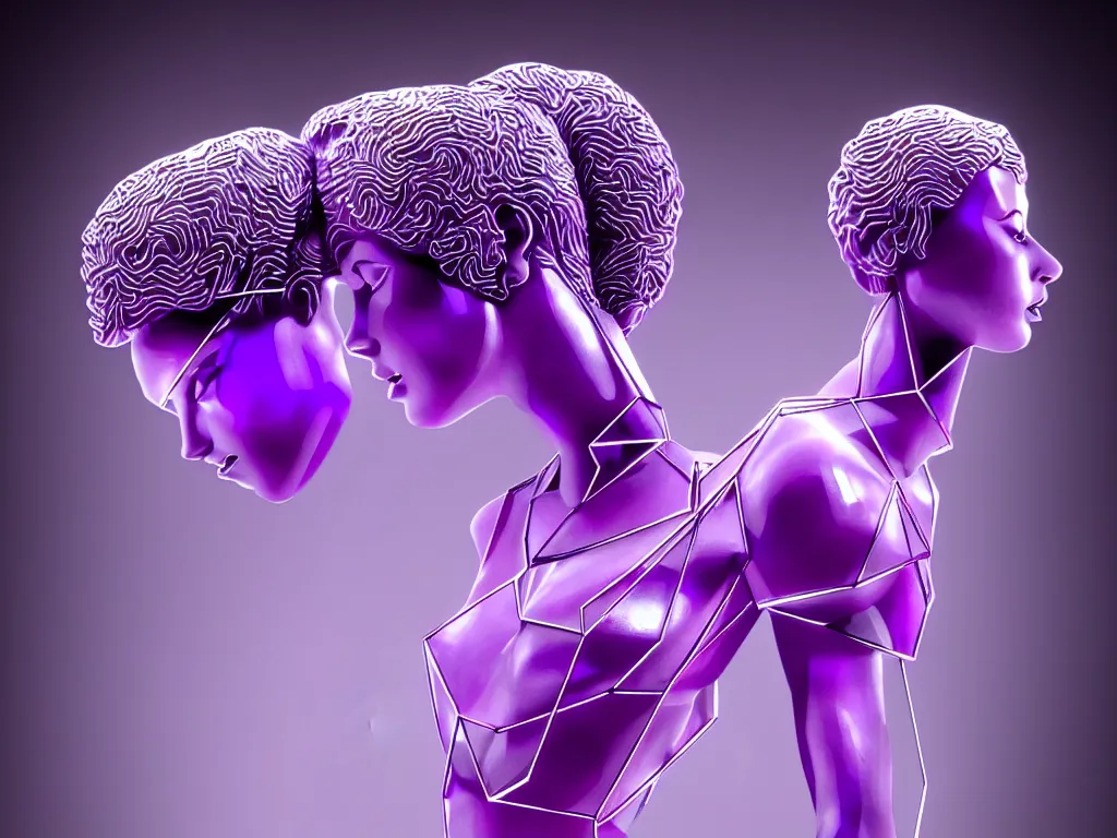 Prompt: beautiful mannequin sculpted out of amethyst by billelis + lit with purple 3 d geometric neon + chrome geometric cubed bonsai plants!!!!, dark grey clouds + neon pink lightning in background, clean linework, dramatic, finely detailed, rule of thirds, moody, confident, award winning, 4 k, trending on artstation, photorealistic, volumetric lighting, octane render