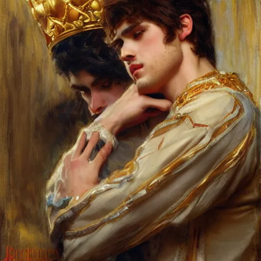 Prompt: attractive fully clothed king confesses his love for his attractive fully clothed male prince. highly detailed painting by gaston bussiere, daniel f. gerhartz, j. c. leyendecker 8 k