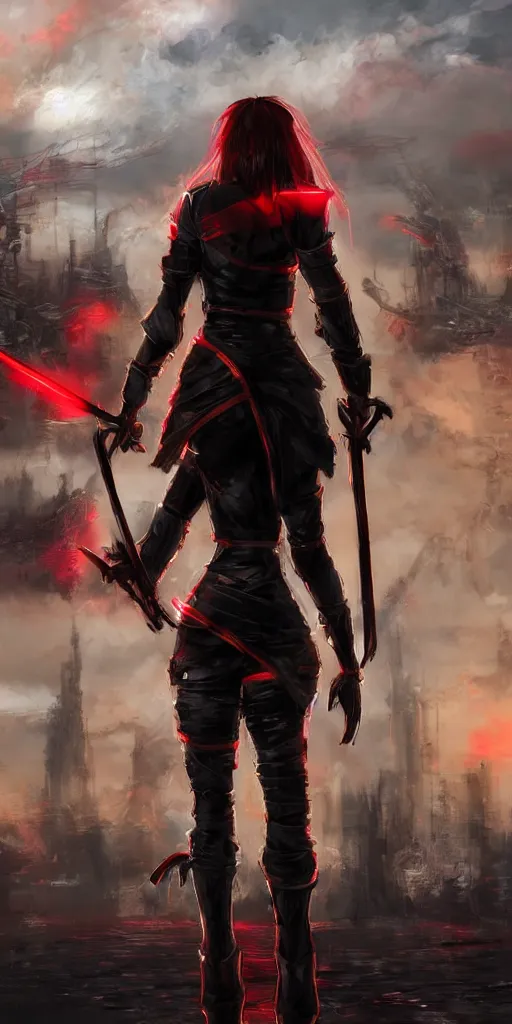Image similar to back shot of one beautiful girl warrior in punk jacket gazing back into distance land, holding two swords, the swords glows in neon red. standing on wet road, digital art by wlop. artstation contest winner, cinematic paint. lower shot. dramatic cloud and ruined city in background.