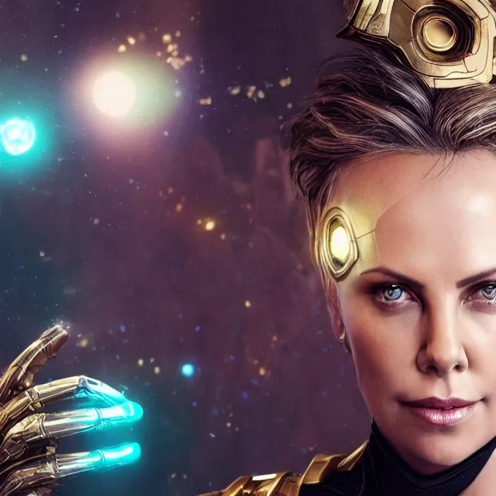 Image similar to portrait of ((Charlize Theron)), wearing The Infinity GAUNTLET. infinity gauntlet. intricate artwork. octane render, trending on artstation, very coherent symmetrical artwork. avengers. thanos. cinematic, hyper realism, high detail, octane render, 8k, iridescent accents