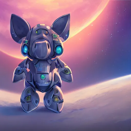 Prompt: 3D Fantasy Cute and adorable mecha piggy floating in space, bright stars, Smooth 3D Illustration, soft render, Servando Lupini, Daniil Kudriavtsev, handpaint texture, Blender, 3DCoat