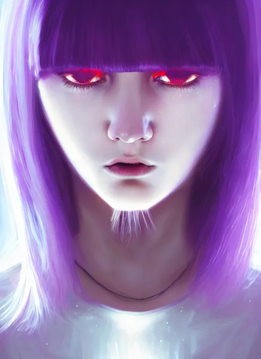 Image similar to hair whitebangs hair, black hair, whitebangs, portrait of teenage girl with white bangs, red irises, purple clothes, white bangs, bangs are different color from hair, intricate, elegant, glowing lights, highly detailed, digital painting, artstation, concept art, smooth, sharp focus, illustration, art by wlop, mars ravelo and greg rutkowski