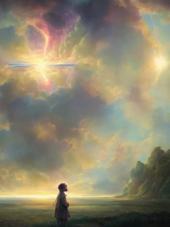 Prompt: a ultradetailed beautiful matte painting of the keeper of the prism of emotion radiating with dreamy colours, magical reflection opening in the sky, oil painting, high resolution 4 k, by tom bagshaw, greg rutkowski, and artgeem