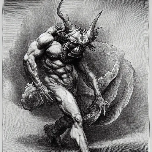 Image similar to full body grayscale drawing by Gustave Dore of muscled horned humanoid beast, swirling flames