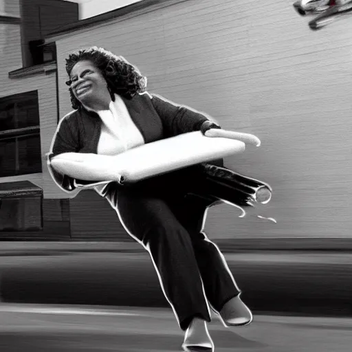 Prompt: security cam footage of oprah winfrey doing a kickflip while eating a huge hotdog by stuart brown and greg rutowski artstation