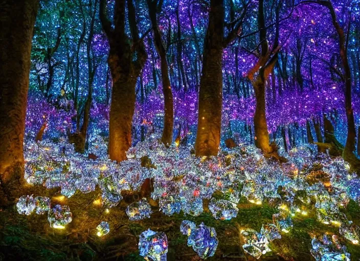 Prompt: a magical forest with crystal flowers that glow in the dusk,