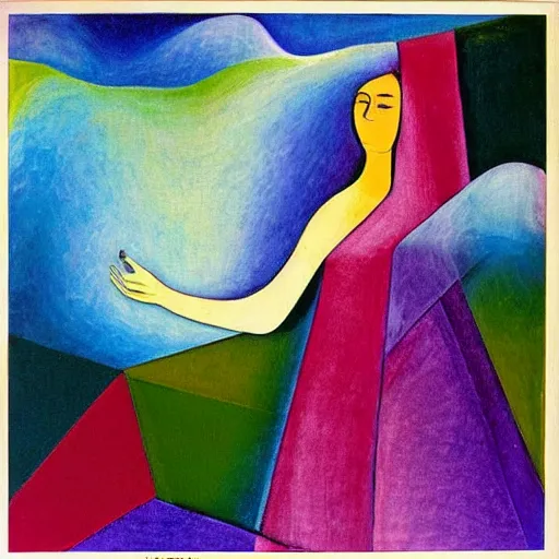 Image similar to woman in glorious robes rose up vast as the skies, old as the mountains and formless as starlight to shelter the precious memories, matter, messages, abstract art in the style of cubism and georgia o keefe