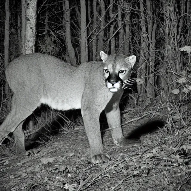 Prompt: cougar in forest at night, night vision goggles, shot from ground up, grainy