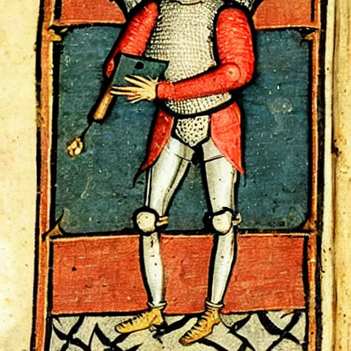 Image similar to a 1 5 th century medieval manuscript illustration of a knight on his phone, high quality scan, university of oxford