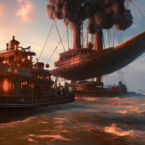 Prompt: a flying steampunk, steamboat from the 1 9 0 0 s with african mask on the front carrying black people across the mississippi river, bioshock infinite, detailed, behrens style, unreal 5 render, fantasy digital art, octane render, beautiful composition, trending on artstation