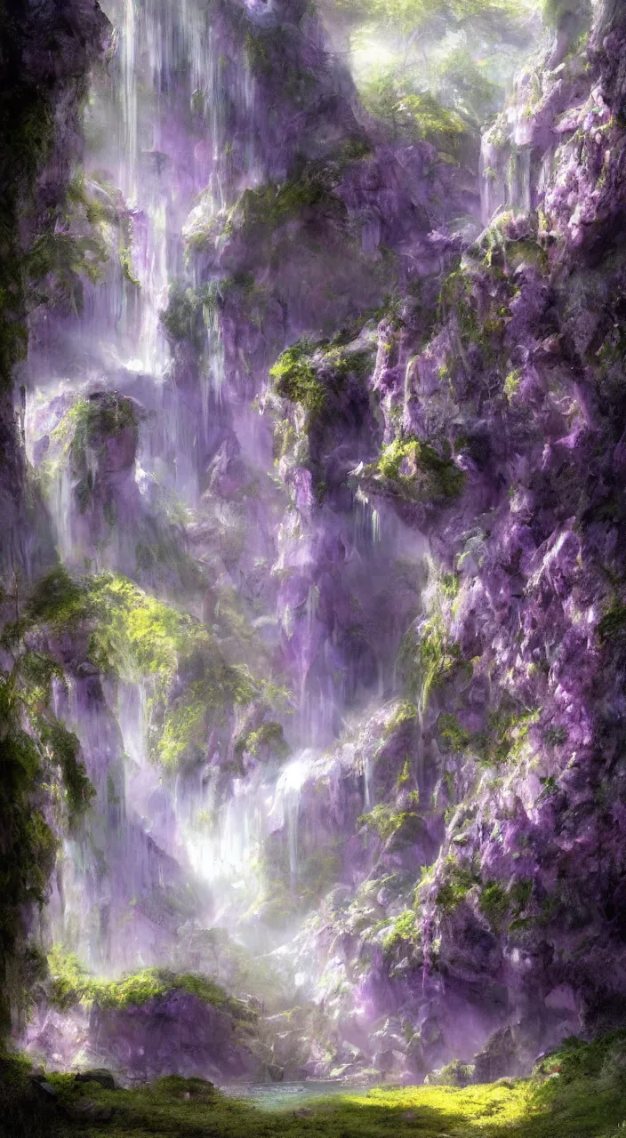 Image similar to a mystical fairy city in the amethysts wall of a dreamy waterfall cave with and lilac sunrays, trending on artstation, concept art, matte painting, by giger, by degas, by goya, by munch 8 k