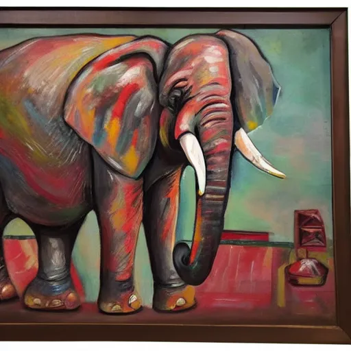 Prompt: an abstract oil painting of a gangster elephant and a gangster parquet