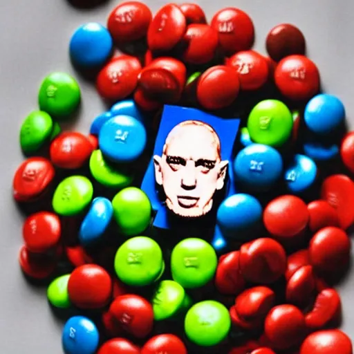 Prompt: a pile of m & m candies in the shape of eminem's face