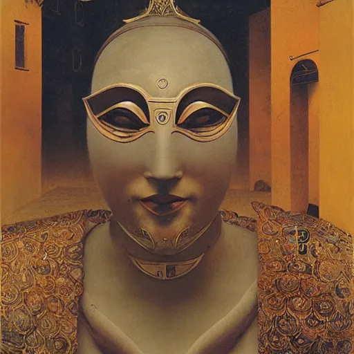 Image similar to portrait of masked Byzantine Tang Dynasty dancer on the art deco streets of the Undying Empire city of ya-Sattra during the Festival of Masks, award-winning realistic sci-fi concept art by Beksinski, Bruegel, Greg Rutkowski, Alphonse Mucha, and Yoshitaka Amano