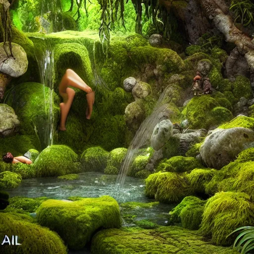 Prompt: A very beautiful picture. Stone grotto overgrown with moss. Water flows along the walls of the cave Woman takes a bath. Octane render. maya render. Photorealism. High detail. artstation trends. Wow. 4k.