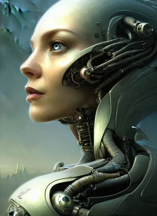 Prompt: closeup portrait shot of a sci - fi cyborg in a scenic dystopian environment, intricate, elegant, highly detailed, centered, digital painting, artstation, concept art, smooth, sharp focus, illustration, artgerm, tomasz alen kopera, peter mohrbacher, donato giancola, joseph christian leyendecker, wlop, boris vallejo