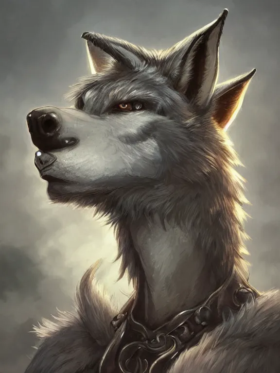 Image similar to 3/4 headshot of cute anthro wolf man, D&D, handsome, fantasy, intricate, long snout, donkey ears, fursona, black hair, elegant, highly detailed, digital painting, artstation, concept art, smooth, sharp focus, illustration, art by artgerm and greg rutkowski and alphonse mucha