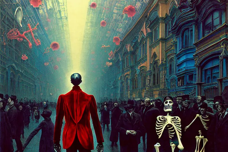 Image similar to realistic detailed photorealistic film portrait shot of a single skeleton wearing crimson velvet blazer in a crowded futuristic moscow street by Denis Villeneuve, Amano, Yves Tanguy, Alphonse Mucha, Ernst Haeckel, Andrei Tarkovsky, Edward Robert Hughes, Roger Dean, rich moody colours, wide angle, blue eyes