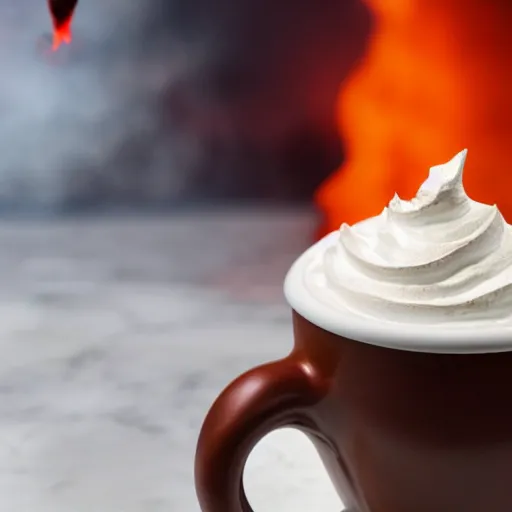 Image similar to coffee cup with a volcano erupting inside of the whipped cream on top of the cup